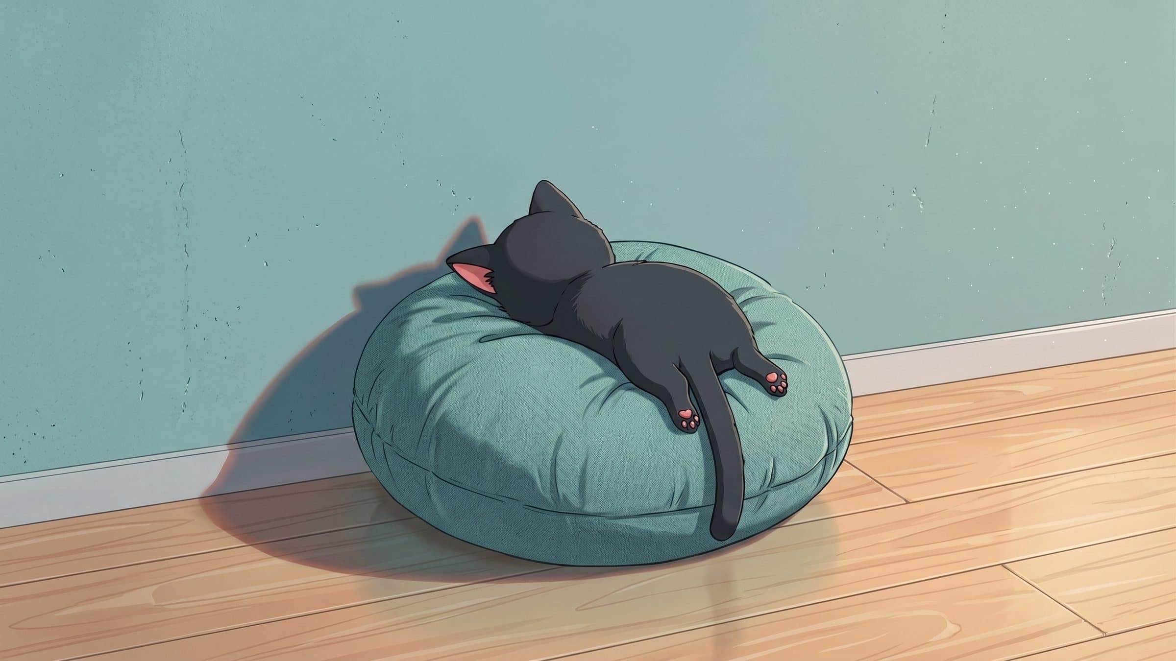 A black cat asleep on a teal cushion in a sunny room, with posts pinned to the wall above it